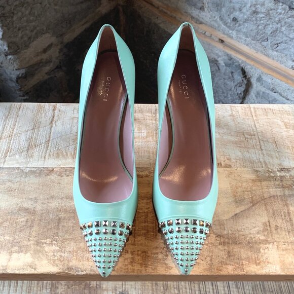 Gucci Seafoam Green Malaga Kid Studded Pumps - Picture 3 of 12